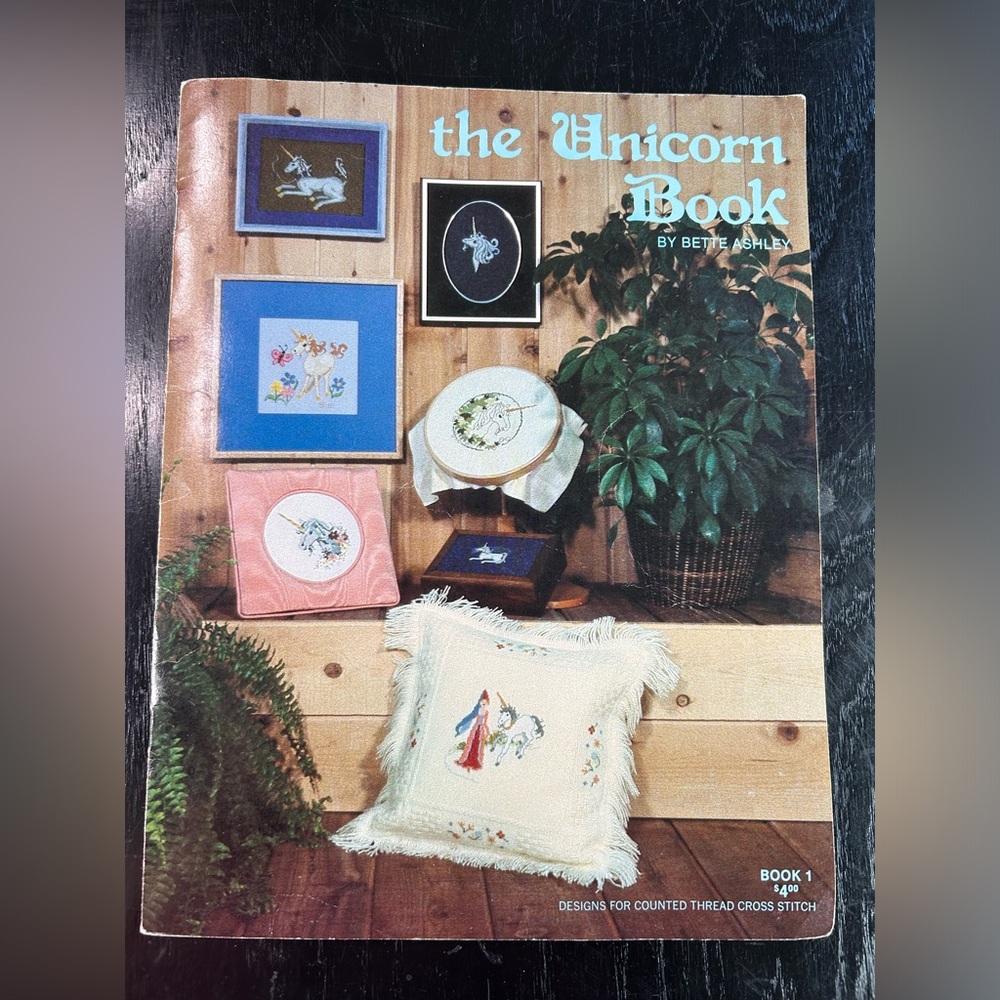 Vintage Needlepoint Craft and Wall Art pattern book 80s 12 design- unicorns